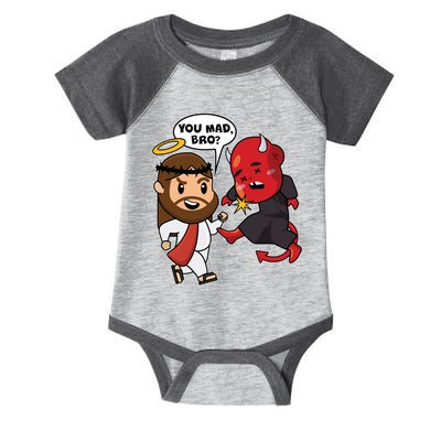 Funny You Mad Bro Jesus Vs Devil Infant Baby Jersey Bodysuit