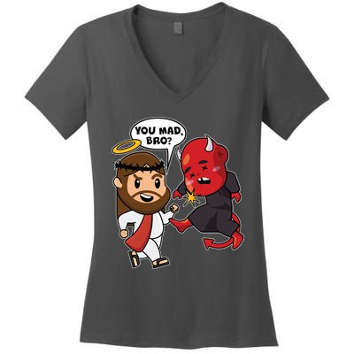 Funny You Mad Bro Jesus Vs Devil Women's V-Neck T-Shirt