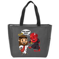 Funny You Mad Bro Jesus Vs Devil Zip Tote Bag