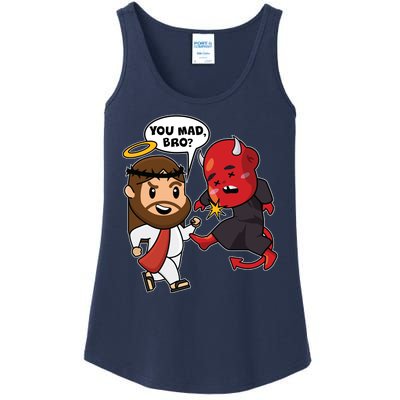 Funny You Mad Bro Jesus Vs Devil Ladies Essential Tank