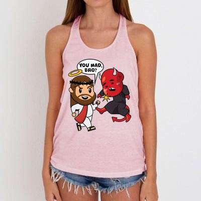 Funny You Mad Bro Jesus Vs Devil Women's Knotted Racerback Tank