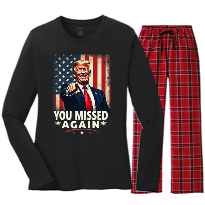 Funny You Missed Again Trump 2024 Usa Flag Women's Long Sleeve Flannel Pajama Set 