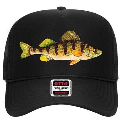 Funny Yellow Perch Fishing Freshwater Fish Angler High Crown Mesh Back Trucker Hat