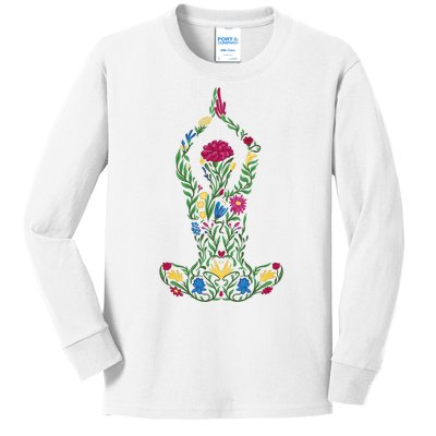 Floral Yoga Pose Kids Long Sleeve Shirt