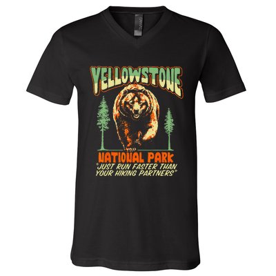 Funny Yellowstone Park Grizzly Bear Outrun Hiking Partners V-Neck T-Shirt