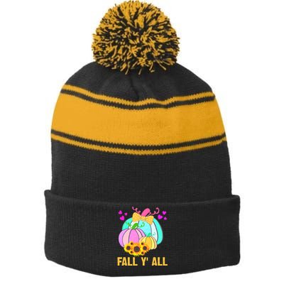 Fall Y'all Season Cute Gift For Her Stripe Pom Pom Beanie