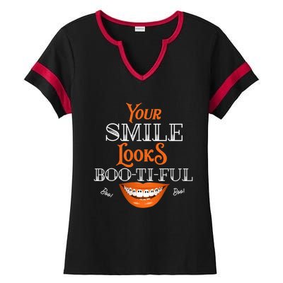 Funny Your Smile Looks BooTiFul Dental Hygienist Halloween Gift Ladies Halftime Notch Neck Tee