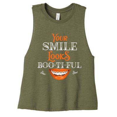 Funny Your Smile Looks BooTiFul Dental Hygienist Halloween Gift Women's Racerback Cropped Tank