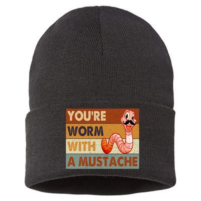 Funny Youre Worm With A Mustache Vintage Retro Mustache Sustainable Knit Beanie
