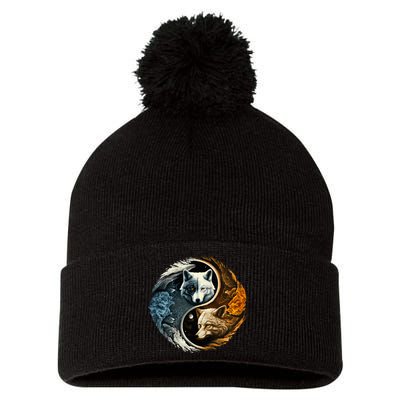 Fun Yin Yang Wolf Yin Yang Pom Pom 12in Knit Beanie