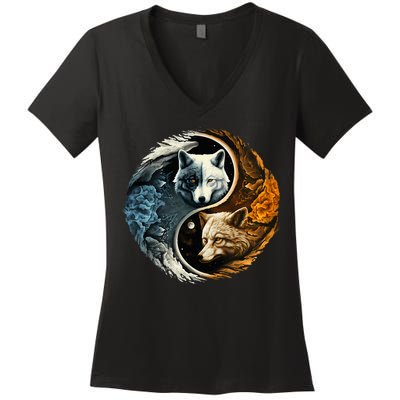 Fun Yin Yang Wolf Yin Yang Women's V-Neck T-Shirt