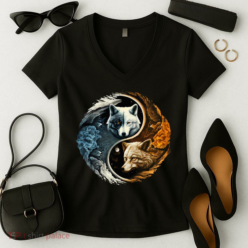 Fun Yin Yang Wolf Yin Yang Women's V-Neck T-Shirt