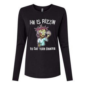 Funny Zombie Jesus He Is Risen Easter Rizzin Eat Your Brains Womens Cotton Relaxed Long Sleeve T-Shirt