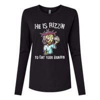 Funny Zombie Jesus He Is Risen Easter Rizzin Eat Your Brains Womens Cotton Relaxed Long Sleeve T-Shirt