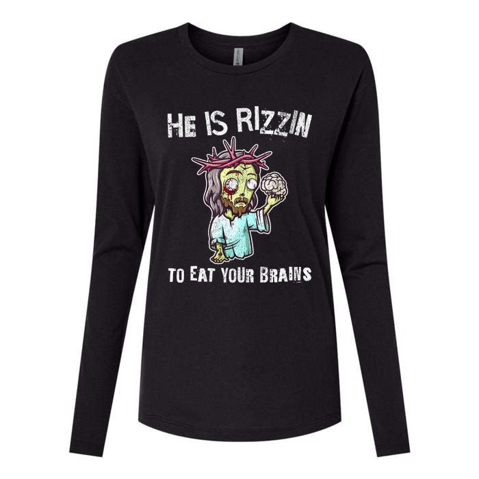 Funny Zombie Jesus He Is Risen Easter Rizzin Eat Your Brains Womens Cotton Relaxed Long Sleeve T-Shirt