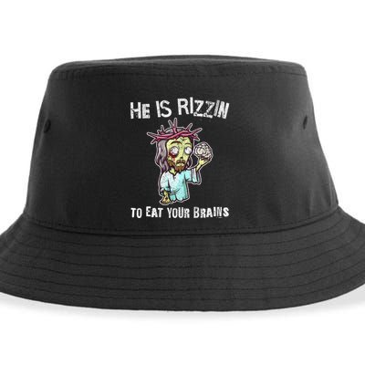 Funny Zombie Jesus He Is Risen Easter Rizzin Eat Your Brains Sustainable Bucket Hat