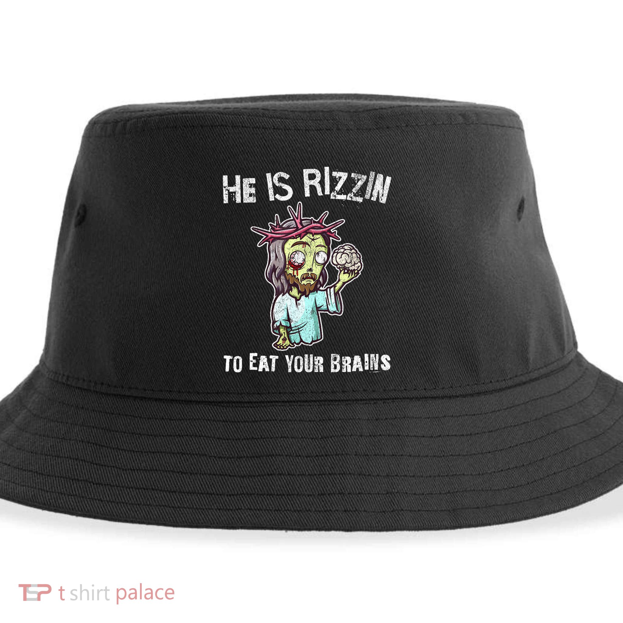 Funny Zombie Jesus He Is Risen Easter Rizzin Eat Your Brains Sustainable Bucket Hat