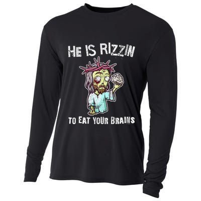 Funny Zombie Jesus He Is Risen Easter Rizzin Eat Your Brains Cooling Performance Long Sleeve Crew