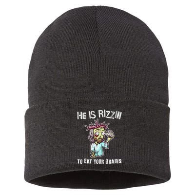 Funny Zombie Jesus He Is Risen Easter Rizzin Eat Your Brains Sustainable Knit Beanie