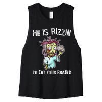 Funny Zombie Jesus He Is Risen Easter Rizzin Eat Your Brains Women's Racerback Cropped Tank