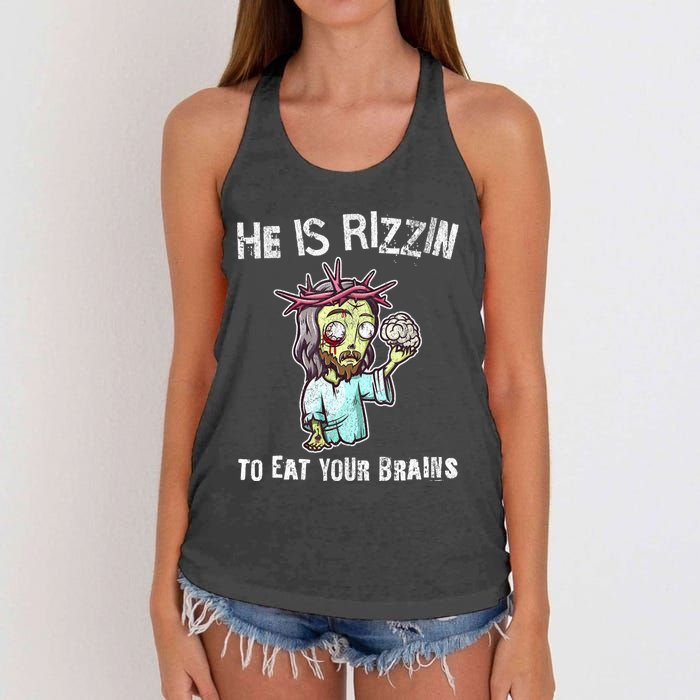 Funny Zombie Jesus He Is Risen Easter Rizzin Eat Your Brains Women's Knotted Racerback Tank