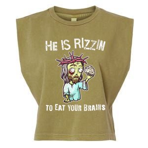 Funny Zombie Jesus He Is Risen Easter Rizzin Eat Your Brains Garment-Dyed Women's Muscle Tee