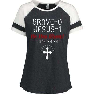 Grave 0 Jesus 1 He Has A Risen Jesus Religious Easter Luke Enza Ladies Jersey Colorblock Tee