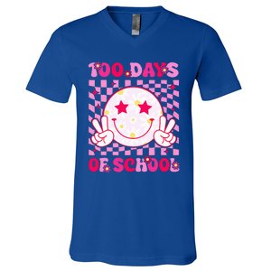 Groovy 100 Days Of School Pink Smile Face V-Neck T-Shirt