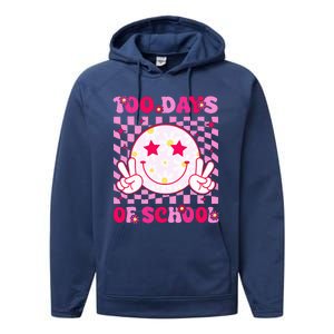 Groovy 100 Days Of School Pink Smile Face Performance Fleece Hoodie