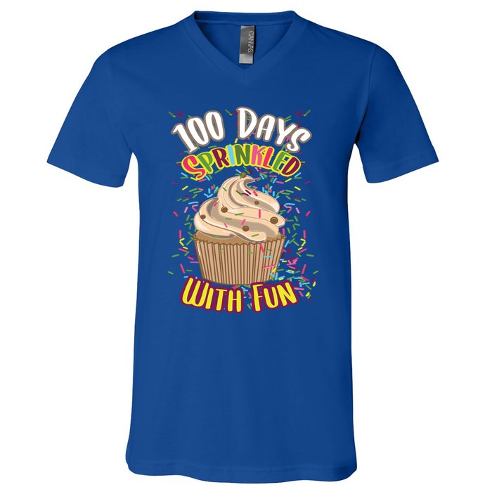 Girls 100 Days Sprinkled With Fun Cupcake 100th School Day Great Gift V-Neck T-Shirt