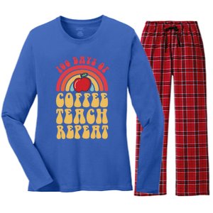 Groovy 100 Days Of Coffee Teach Repeat Retro Gift Women's Long Sleeve Flannel Pajama Set 