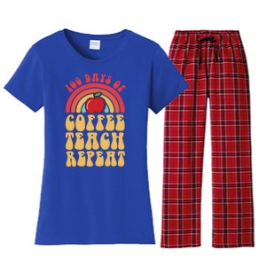 Groovy 100 Days Of Coffee Teach Repeat Retro Gift Women's Flannel Pajama Set