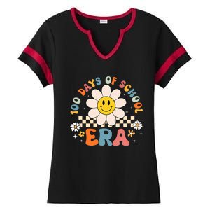 Groovy 100 Days Of School Era Flower 100th Day Teachers Ladies Halftime Notch Neck Tee