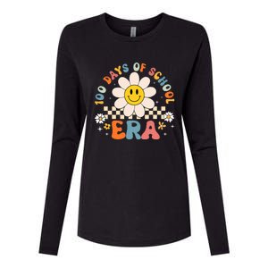 Groovy 100 Days Of School Era Flower 100th Day Teachers Womens Cotton Relaxed Long Sleeve T-Shirt