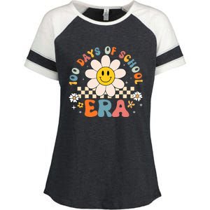 Groovy 100 Days Of School Era Flower 100th Day Teachers Enza Ladies Jersey Colorblock Tee