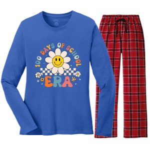 Groovy 100 Days Of School Era Flower 100th Day Teachers Women's Long Sleeve Flannel Pajama Set 