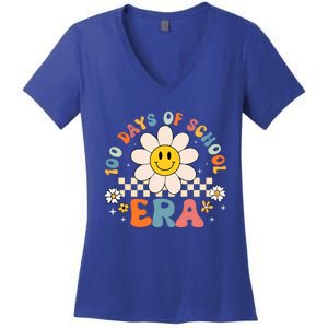 Groovy 100 Days Of School Era Flower 100th Day Teachers Women's V-Neck T-Shirt