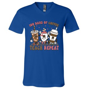 Groovy 100 Days Of Coffee Teach Repeat Cute Coffee Class Cute Gift V-Neck T-Shirt