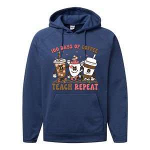 Groovy 100 Days Of Coffee Teach Repeat Cute Coffee Class Cute Gift Performance Fleece Hoodie