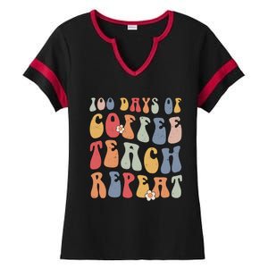 Groovy 100 Days Of Coffee Teach Repeat Retro Cool Gift Ladies Halftime Notch Neck Tee