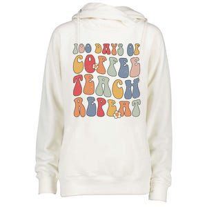 Groovy 100 Days Of Coffee Teach Repeat Retro Cool Gift Womens Funnel Neck Pullover Hood