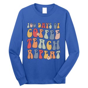 Groovy 100 Days Of Coffee Teach Repeat Retro Cool Gift Long Sleeve Shirt