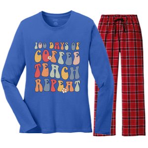 Groovy 100 Days Of Coffee Teach Repeat Retro Cool Gift Women's Long Sleeve Flannel Pajama Set 