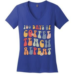 Groovy 100 Days Of Coffee Teach Repeat Retro Cool Gift Women's V-Neck T-Shirt