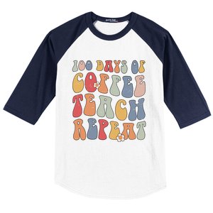 Groovy 100 Days Of Coffee Teach Repeat Retro Cool Gift Baseball Sleeve Shirt