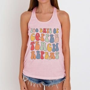 Groovy 100 Days Of Coffee Teach Repeat Retro Cool Gift Women's Knotted Racerback Tank