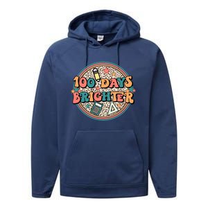 Groovy 100 Days Of School Retro Teacher 100 Days Brighter Gift Performance Fleece Hoodie