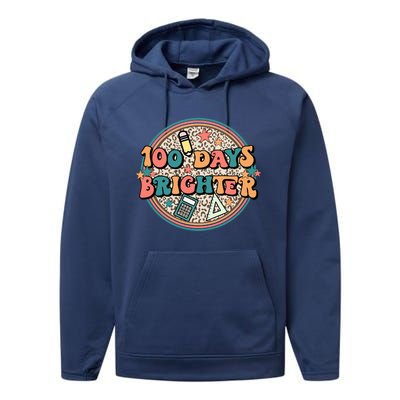 Groovy 100 Days Of School Retro Teacher 100 Days Brighter Gift Performance Fleece Hoodie