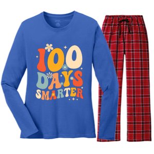 Groovy 100 Days Smarter Teacher Student 100th Day Of School Gift Women's Long Sleeve Flannel Pajama Set 