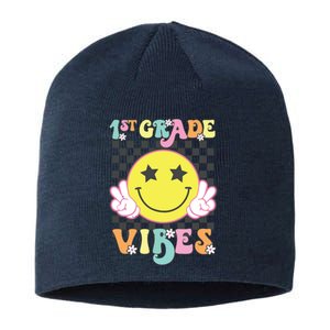 Girl 1st Grade Vibes Smile Face Back To School First Grade Sustainable Beanie